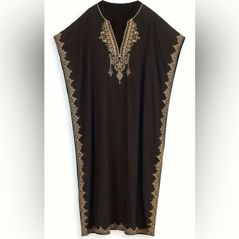 Elegant Black Gold Embroidered Kaftan Cover Up Maxi Dress - Picture 6 of 13